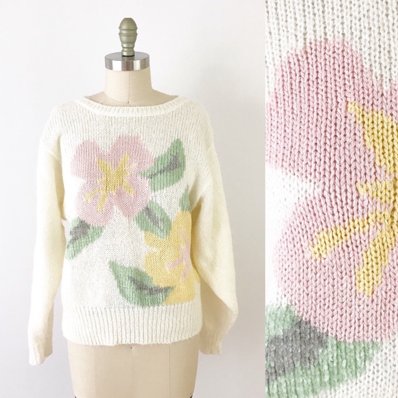 Vintage Sweaters - Vintage Pink Flower Intarsia Knit Sweater L i758